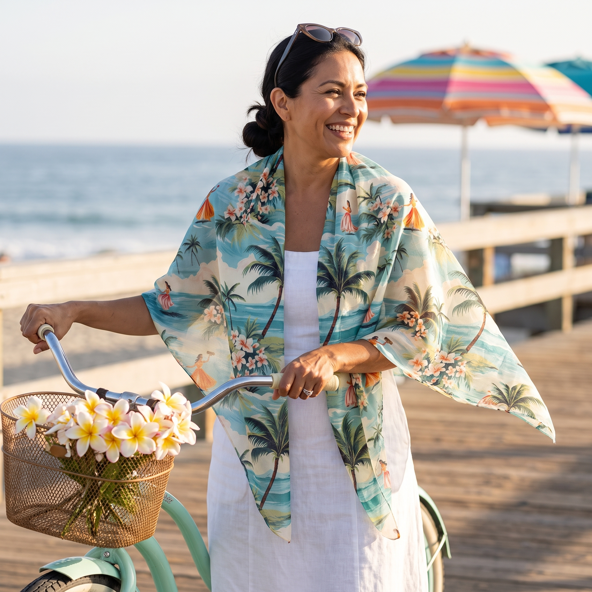 A woman with a vintage cruiser bicycle on a seaside boardwalk, wearing the Retro Hawaiian Hula 50-inch square voile scarf open over her shoulders, corners lifting in the breeze