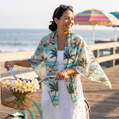 A woman with a vintage cruiser bicycle on a seaside boardwalk, wearing the Retro Hawaiian Hula 50-inch square voile scarf open over her shoulders, corners lifting in the breeze