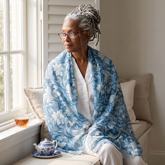 A woman in a morning window seat with tea, wrapped in the Soft Blue Leaf Tapestry 50-inch square voile scarf over a white blouse