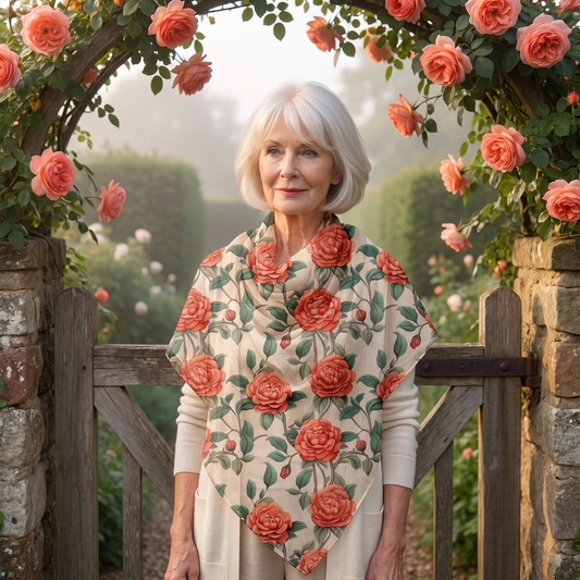 A woman at a wooden gate in an English rose garden, wearing the Romantic Rose 50-inch square voile scarf folded as a triangle kerchief over a cream cardigan