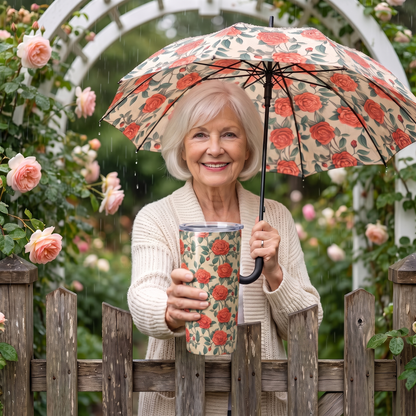 Romantic Rose insulated tumbler held true to size with matching umbrella in a rose garden