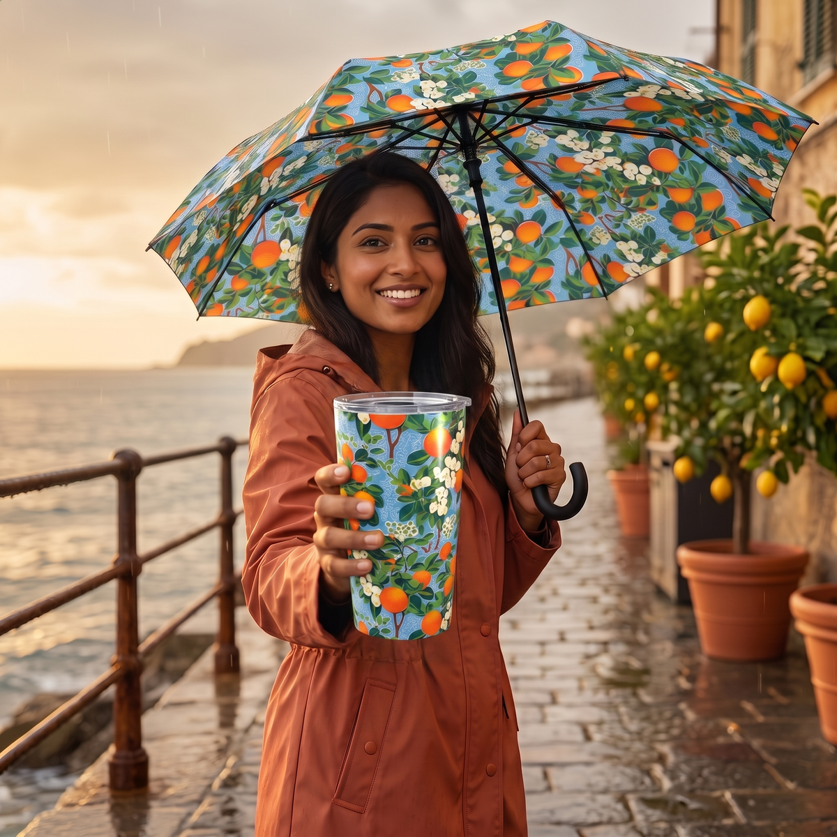 Citrus Blue Bliss insulated tumbler held true to size with matching umbrella on a rainy seaside promenade