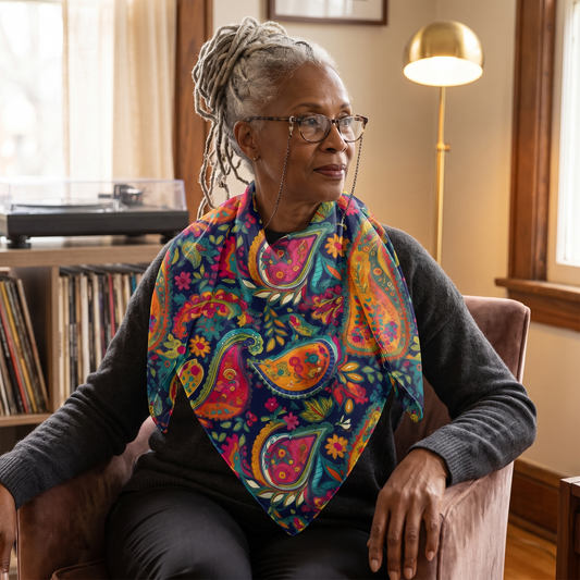 A woman in a vintage listening room armchair wearing the Psychedelic Paisley Party 50-inch square voile scarf folded as a triangle kerchief over a charcoal sweater