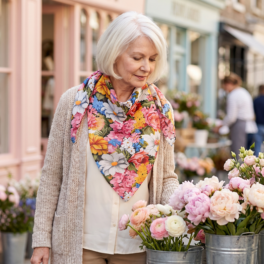 A woman browsing a European flower market, wearing the Chic Floral 50-inch square voile scarf folded as a triangle kerchief over an ivory blouse