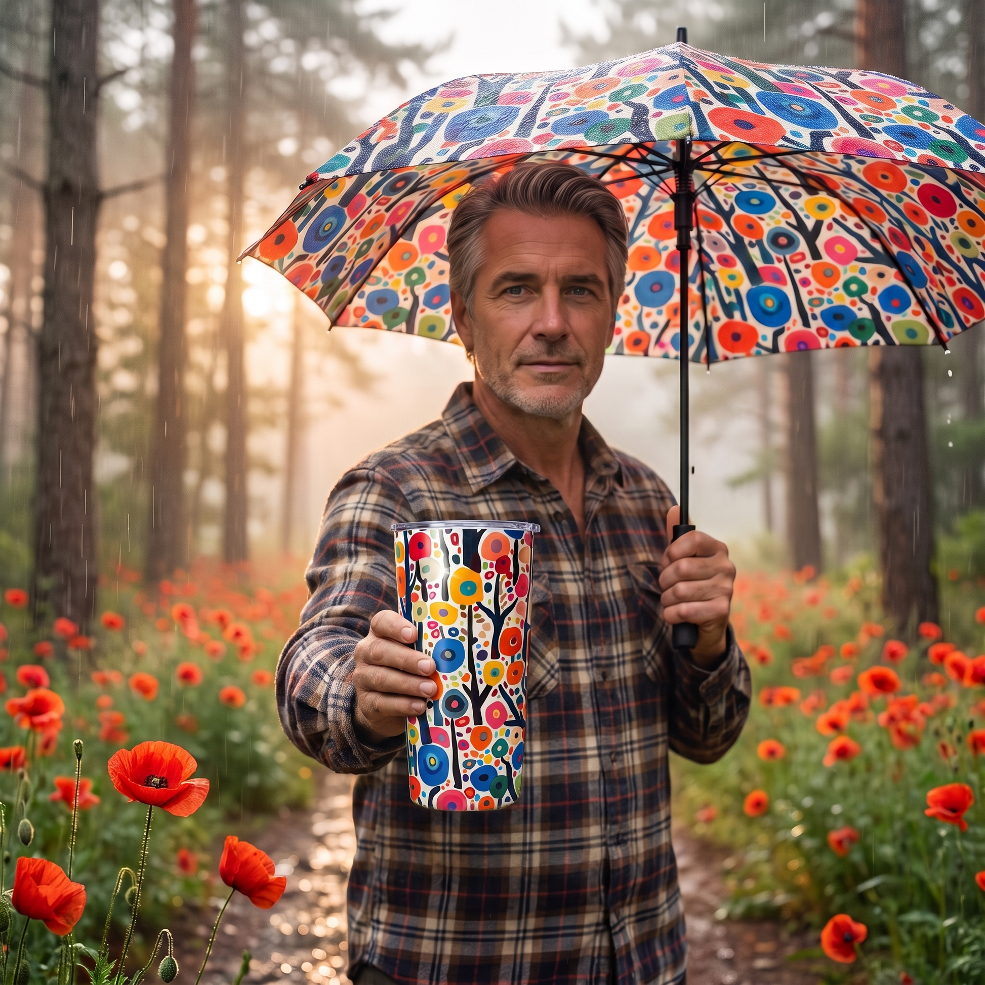 Poppy Forest insulated tumbler held true to size with matching umbrella on a misty poppy-lined forest path