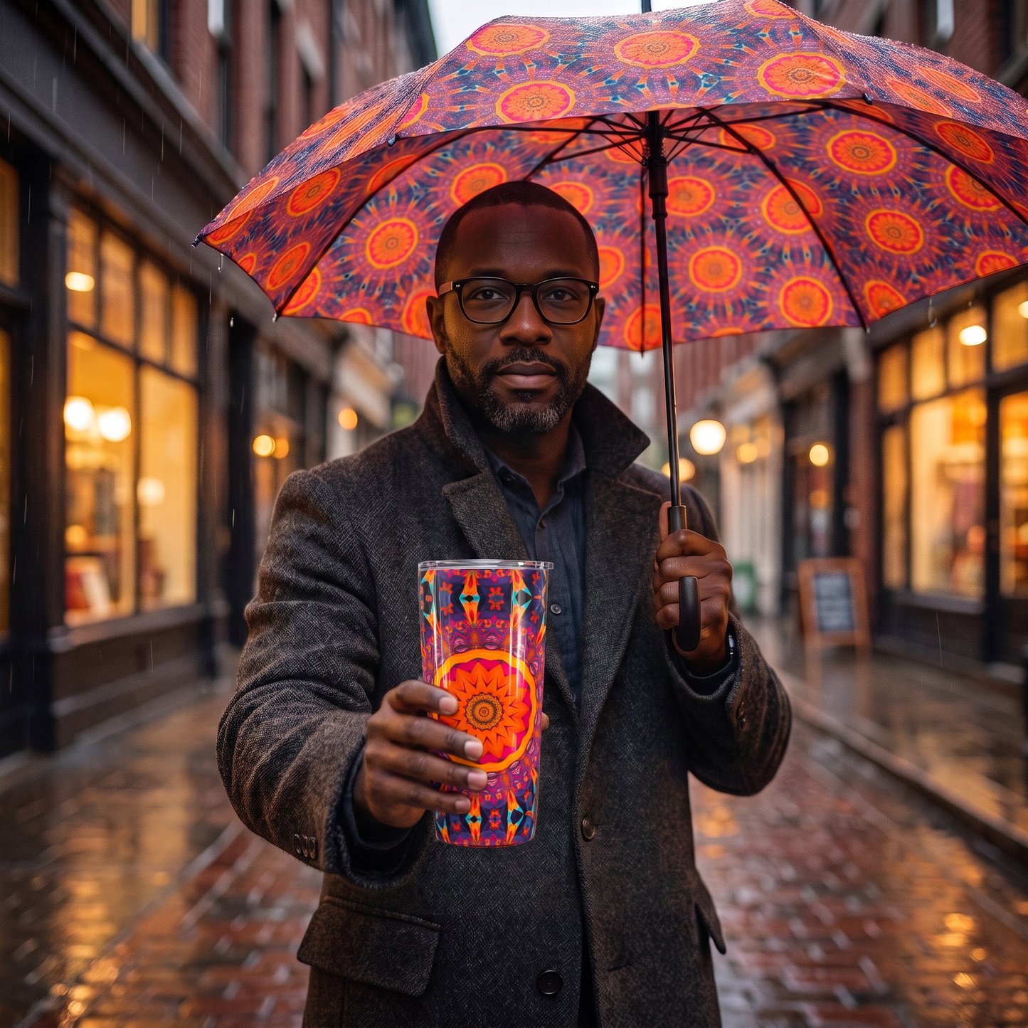 Fiery Mosaic Magic insulated tumbler held true to size with matching umbrella on a rainy city street