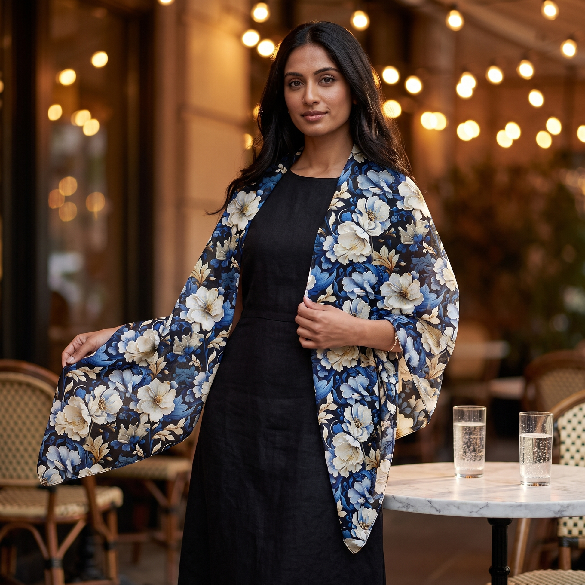 A woman on an evening bistro terrace in a black linen dress, wearing the Whitman Floral 50-inch square voile scarf as an open evening shawl