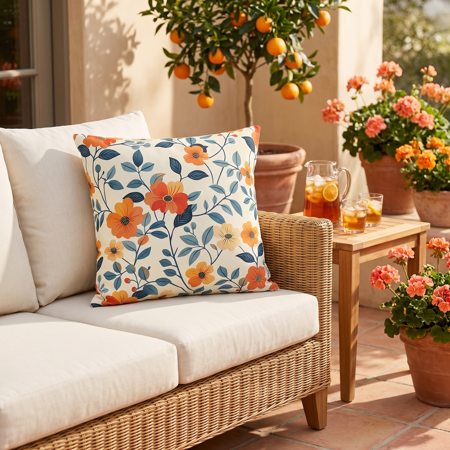 Amber Breeze square outdoor pillow styled on a wicker sofa on a sunlit terracotta patio