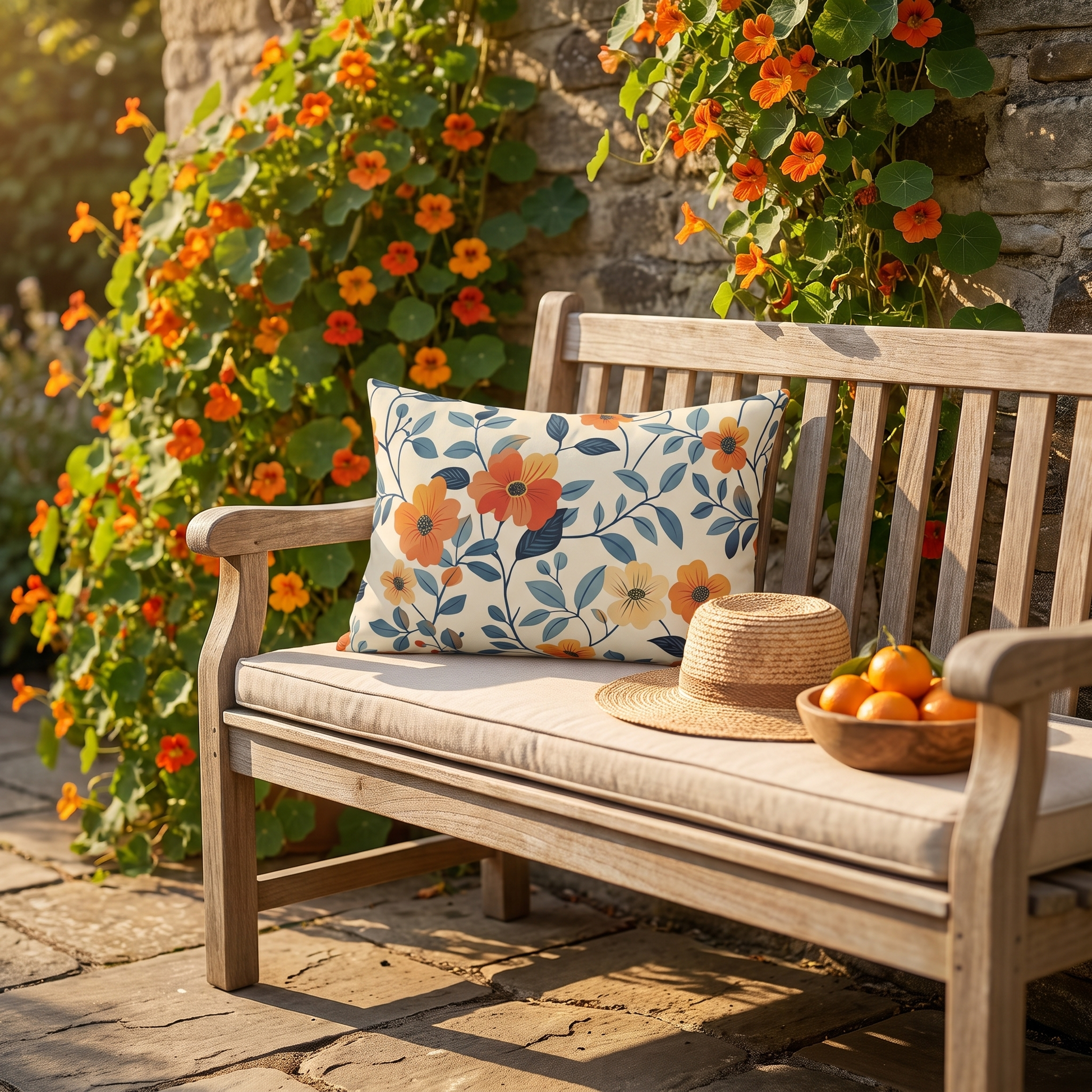 Amber Breeze lumbar outdoor pillow styled in a sunlit outdoor setting