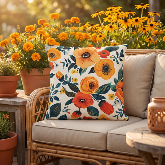 Golden Bloom Harmony square outdoor pillow styled in a sunlit outdoor setting