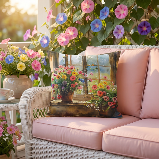 Morning Bloom Delight square outdoor pillow styled in a sunlit outdoor setting