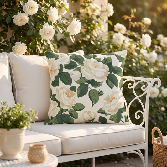 White Roses at Dawn square outdoor pillow styled in a sunlit outdoor setting