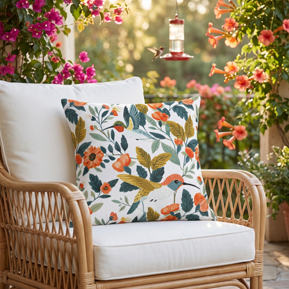 Hummingbird Harmony square outdoor pillow styled in a sunlit outdoor setting