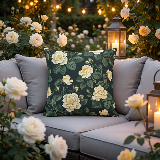 White Roses at Dusk square outdoor pillow styled in a sunlit outdoor setting