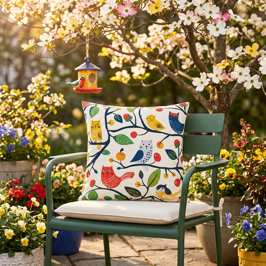 Catbird Tree square outdoor pillow styled in a sunlit outdoor setting