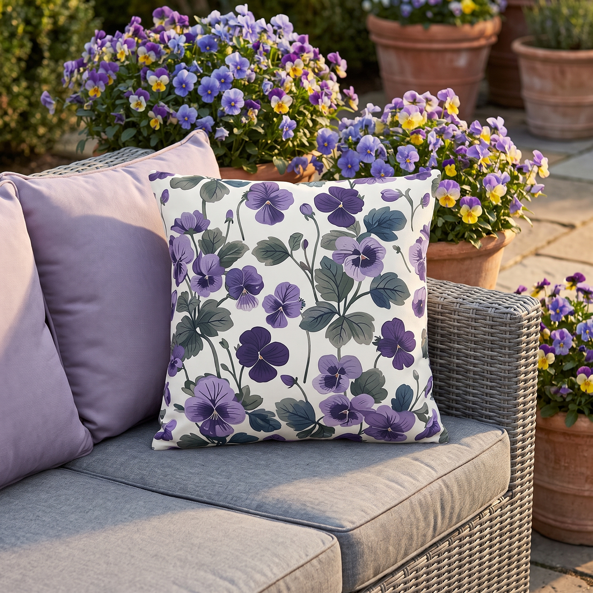 Purple Violets square outdoor pillow styled in a sunlit outdoor setting