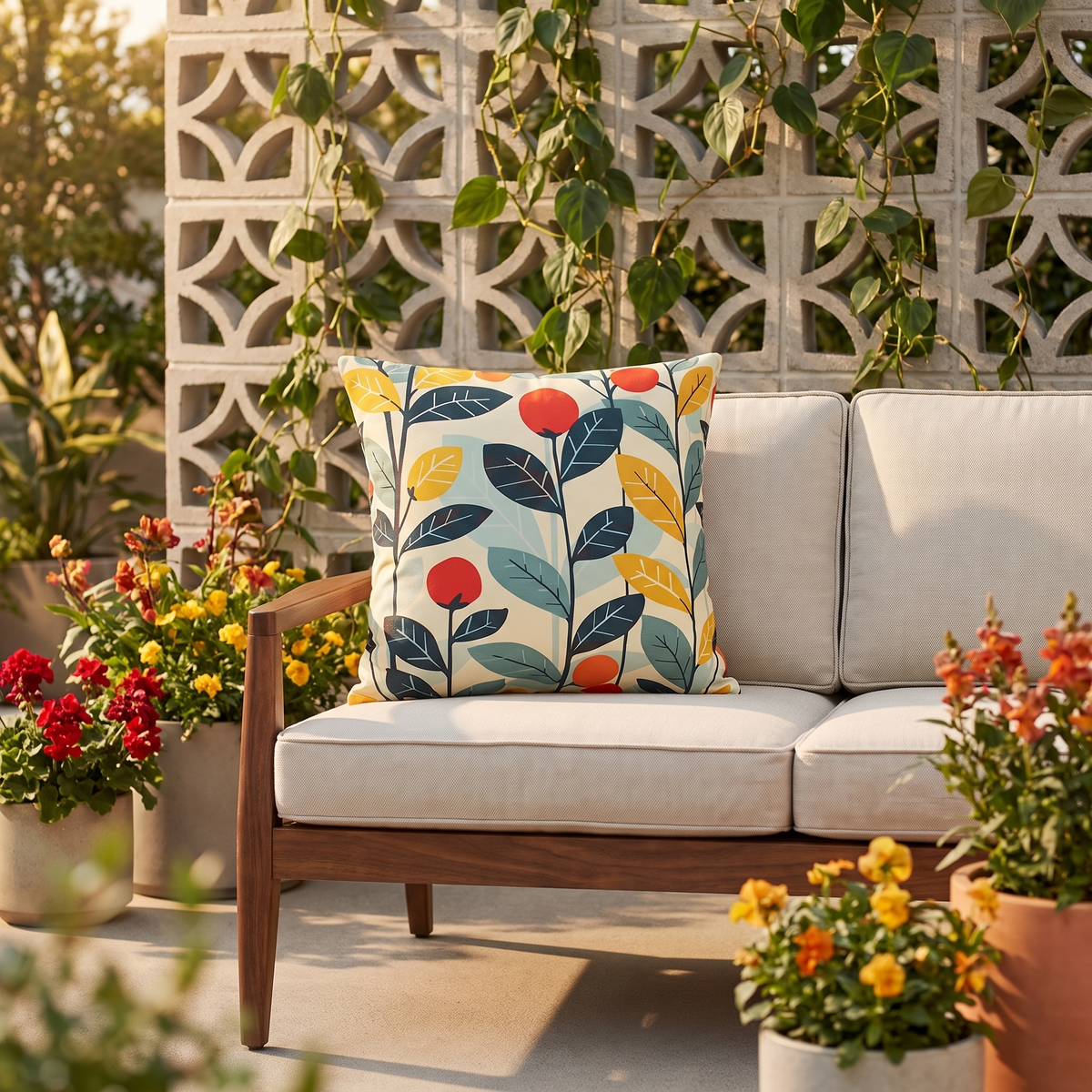 Midcentury Vines square outdoor pillow styled in a sunlit outdoor setting