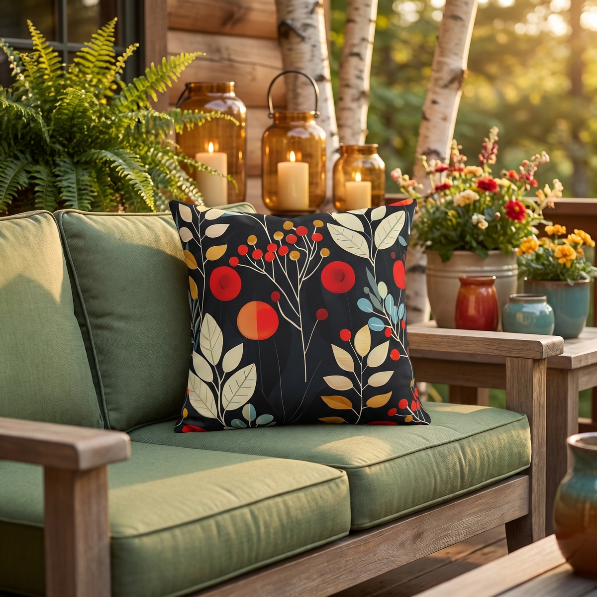 Retro Woodland Whispers square outdoor pillow styled in a sunlit outdoor setting