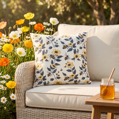 Buzzing Blossoms square outdoor pillow styled in a sunlit outdoor setting