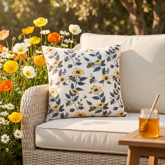 Buzzing Blossoms square outdoor pillow styled in a sunlit outdoor setting