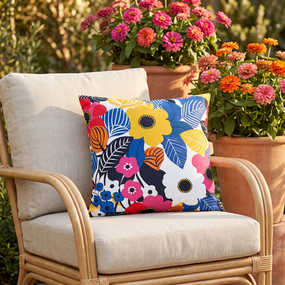 Blossom Burst square outdoor pillow styled in a sunlit outdoor setting