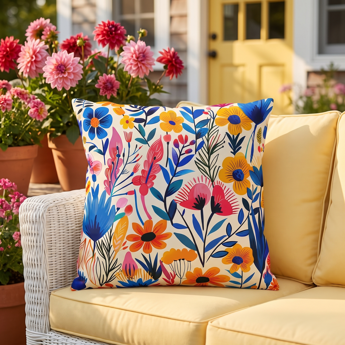 Happy Heartfelt Blooms square outdoor pillow styled in a sunlit outdoor setting