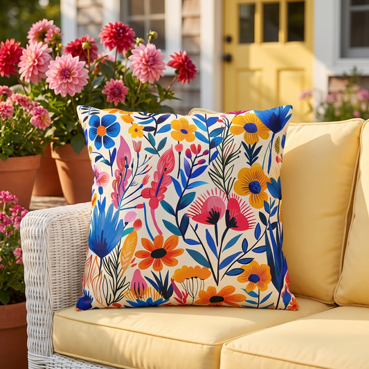 Happy Heartfelt Blooms square outdoor pillow styled in a sunlit outdoor setting