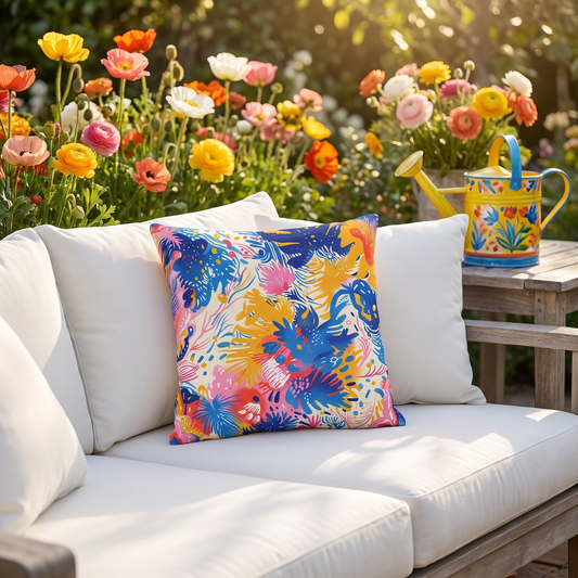 Splatter Blossom square outdoor pillow styled in a sunlit outdoor setting