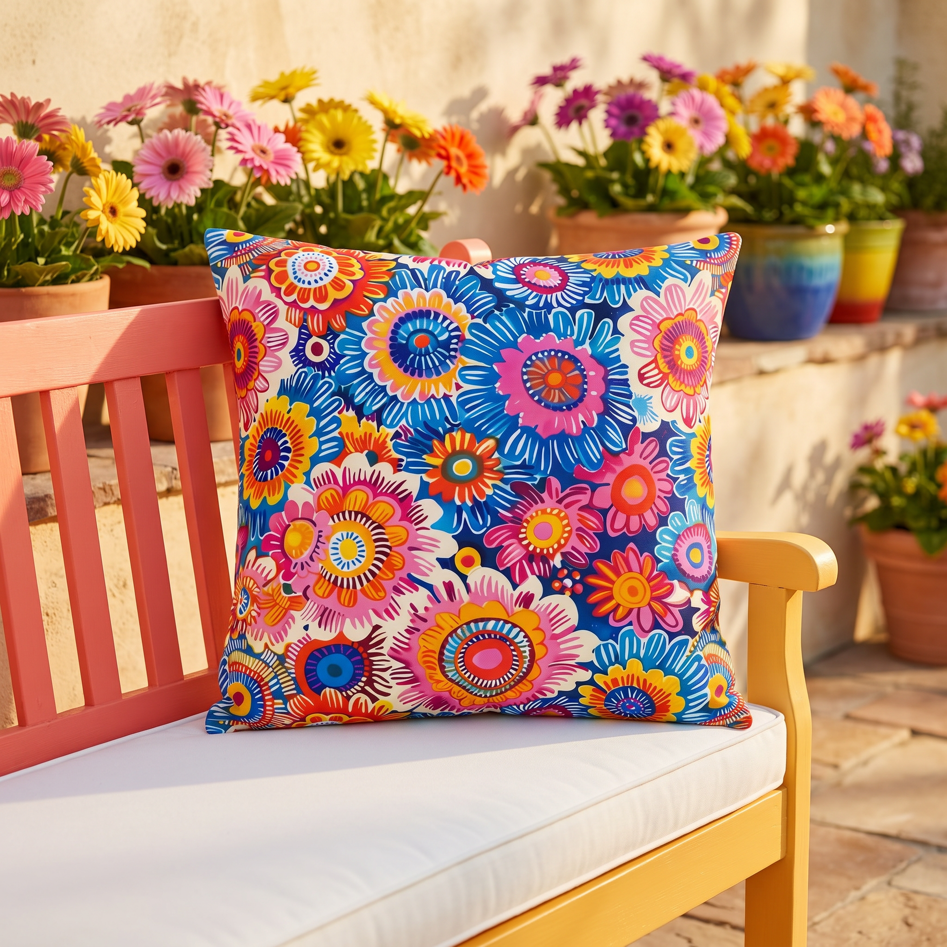 Crayon Blossom Whimsy square outdoor pillow styled in a sunlit outdoor setting