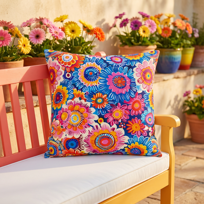 Crayon Blossom Whimsy square outdoor pillow styled in a sunlit outdoor setting