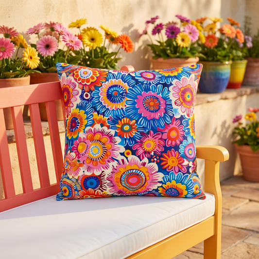 Crayon Blossom Whimsy square outdoor pillow styled in a sunlit outdoor setting