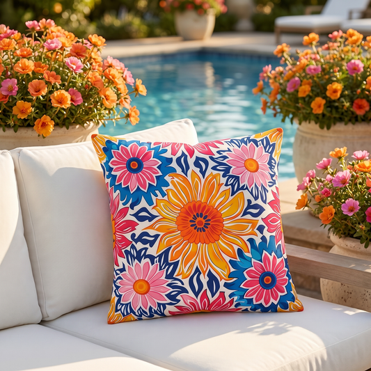 Sunsplash Petals square outdoor pillow styled in a sunlit outdoor setting