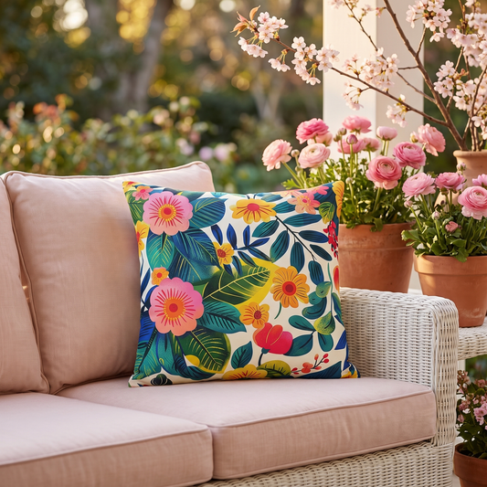 Blossom Bliss square outdoor pillow styled in a sunlit outdoor setting