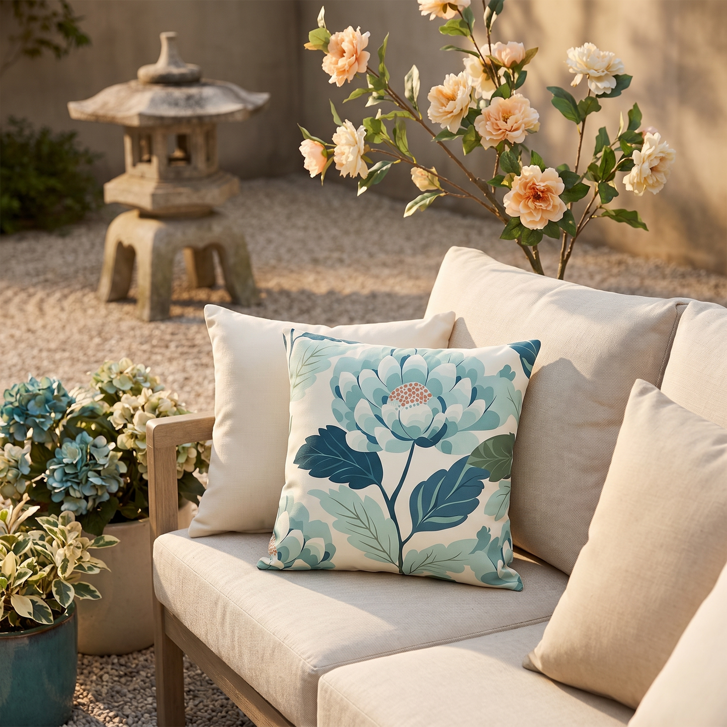 Zen Flower square outdoor pillow styled in a sunlit outdoor setting