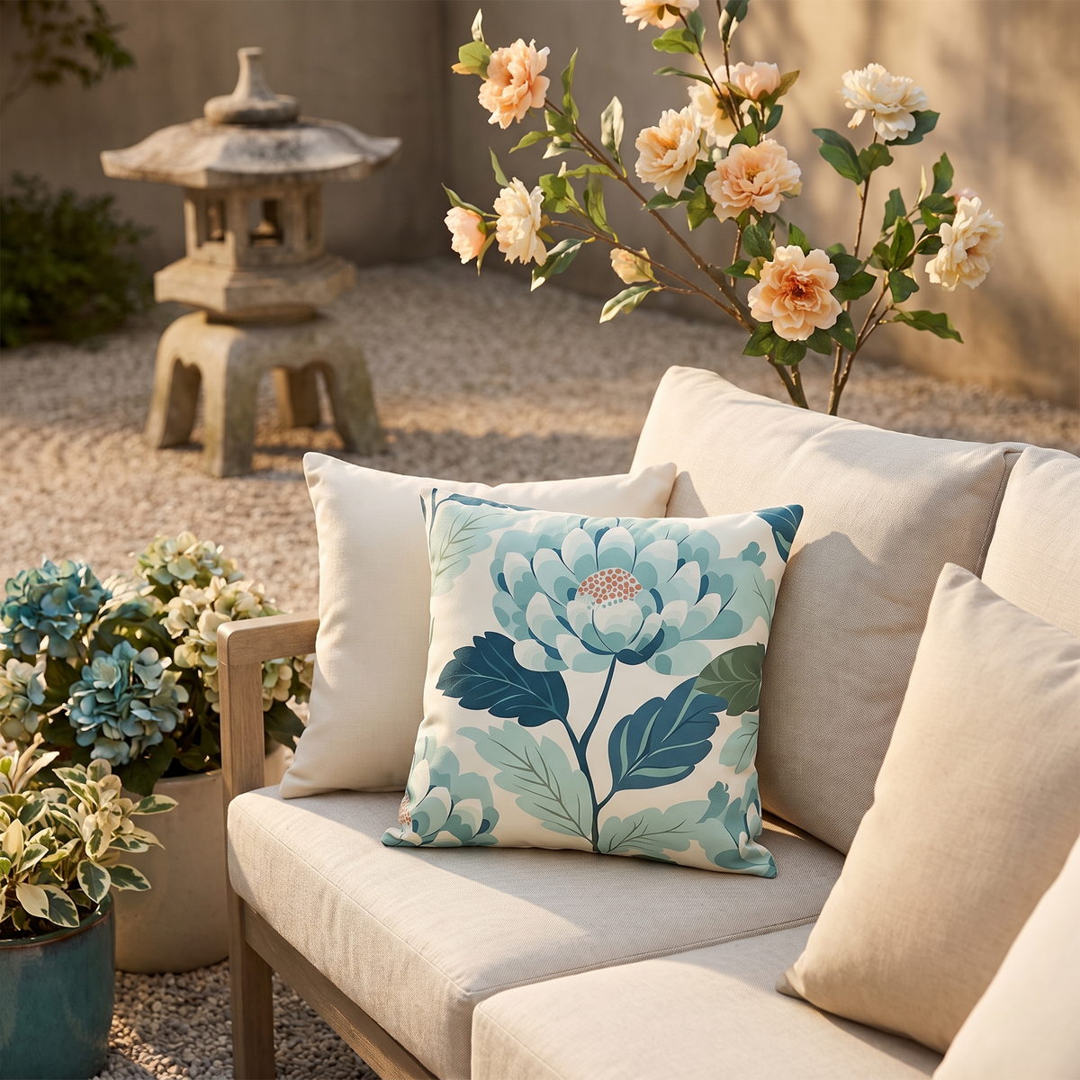 Zen Flower square outdoor pillow styled in a sunlit outdoor setting