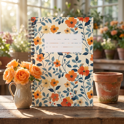 Amber Breeze Chic Spiral Notebook styled on a sunlit potting bench with apricot roses — Bliss Road Studios