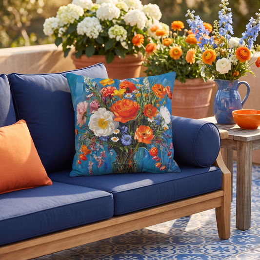 Blossoms on Blue square outdoor pillow styled in a sunlit outdoor setting