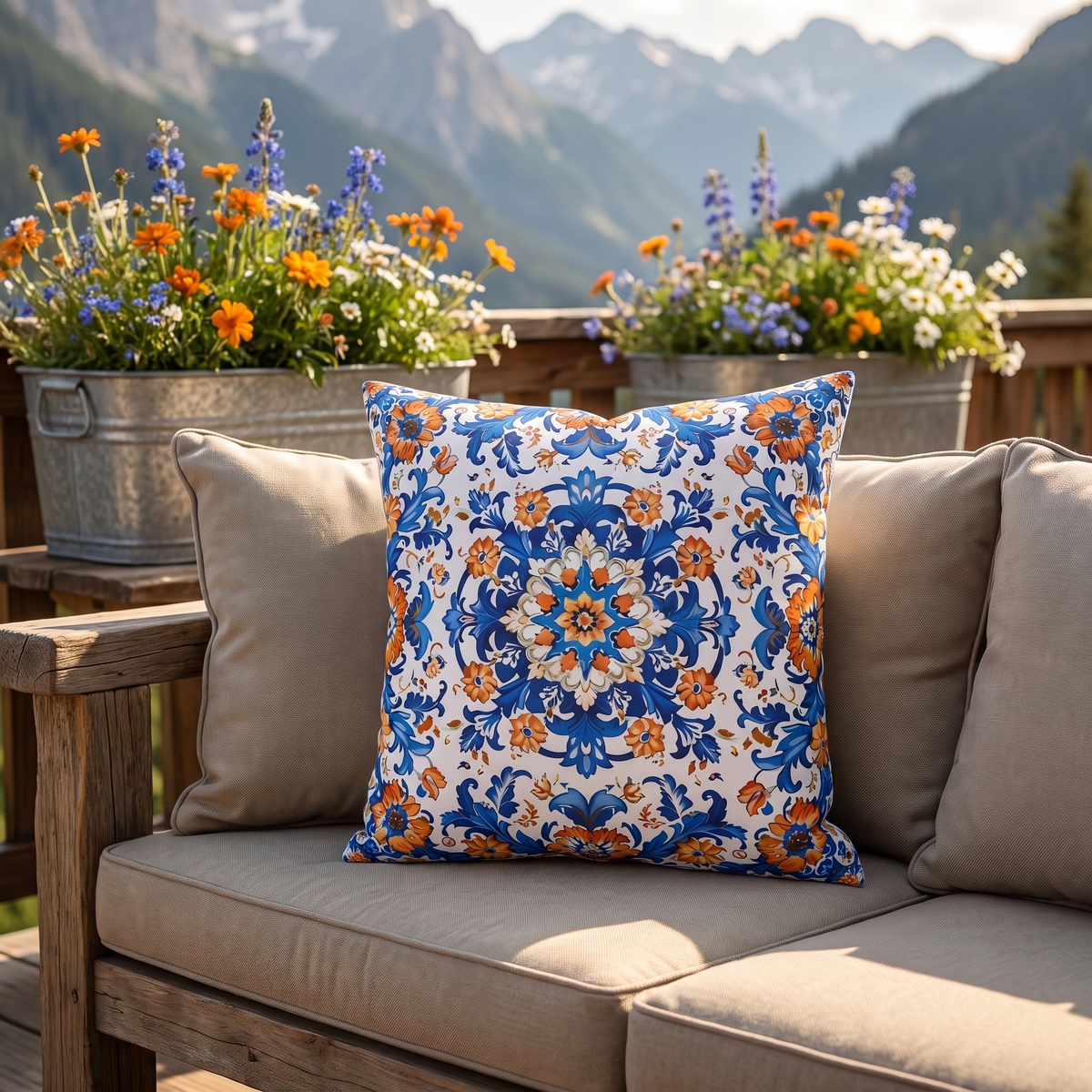 Sierra Blossom square outdoor pillow styled in a sunlit outdoor setting