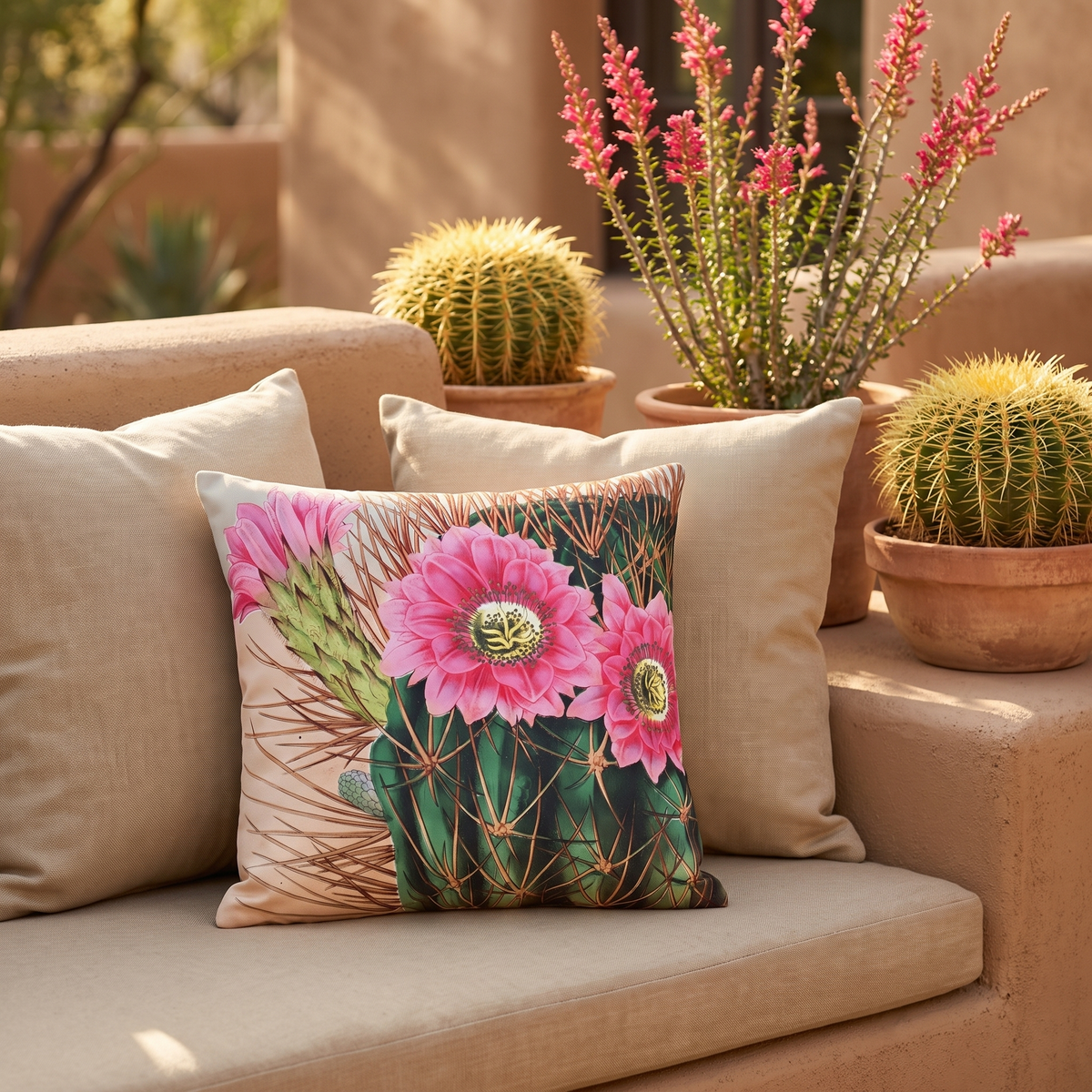 Blooming Cactus square outdoor pillow styled in a sunlit outdoor setting