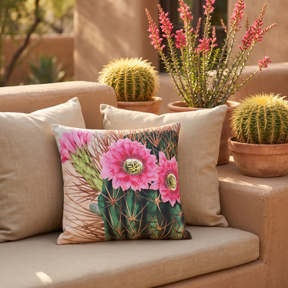 Blooming Cactus square outdoor pillow styled in a sunlit outdoor setting