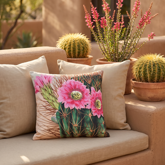 Blooming Cactus square outdoor pillow styled in a sunlit outdoor setting