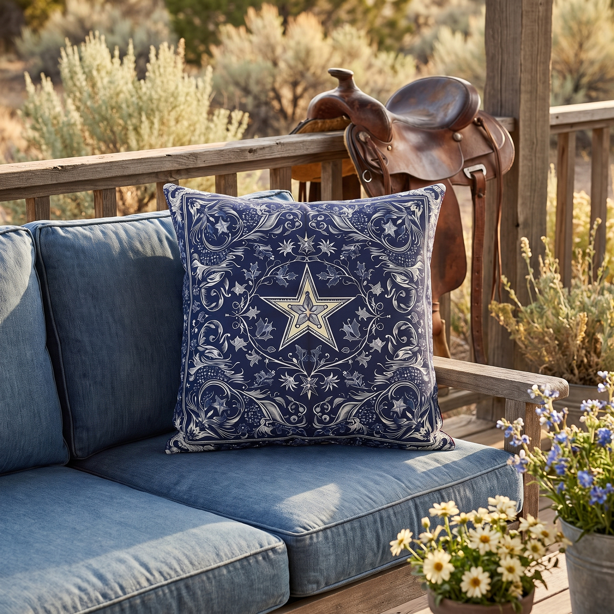 Western Blue Scarf square outdoor pillow styled in a sunlit outdoor setting