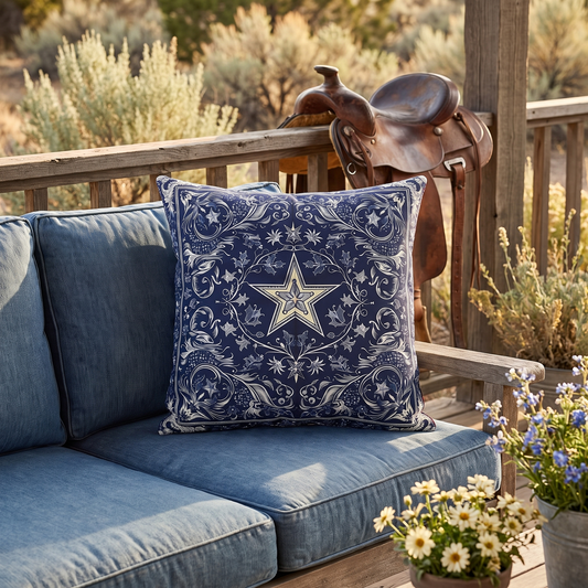 Western Blue Scarf square outdoor pillow styled in a sunlit outdoor setting