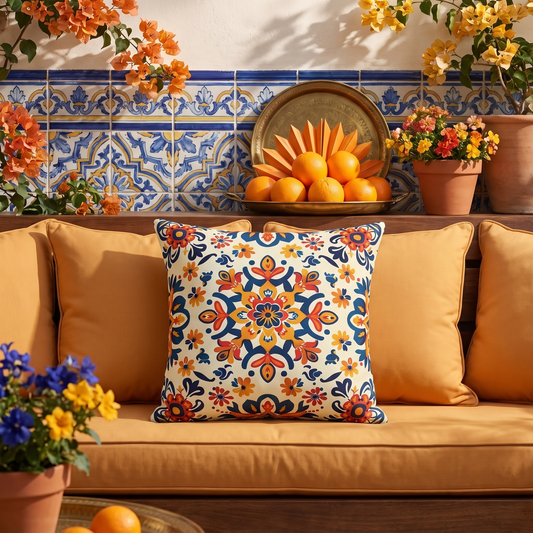Sevilla Sunburst square outdoor pillow styled in a sunlit outdoor setting