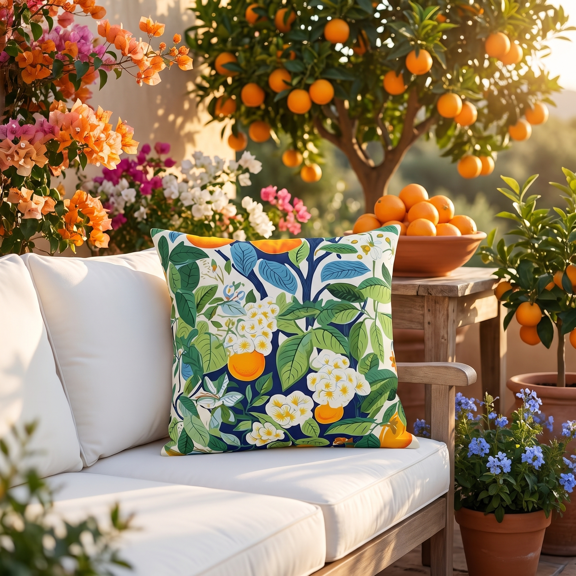Happy Oranges & Blossoms square outdoor pillow styled in a sunlit outdoor setting