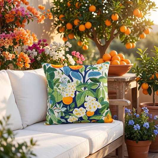 Happy Oranges & Blossoms square outdoor pillow styled in a sunlit outdoor setting