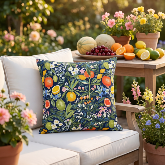 Magical Fruitiness square outdoor pillow styled in a sunlit outdoor setting