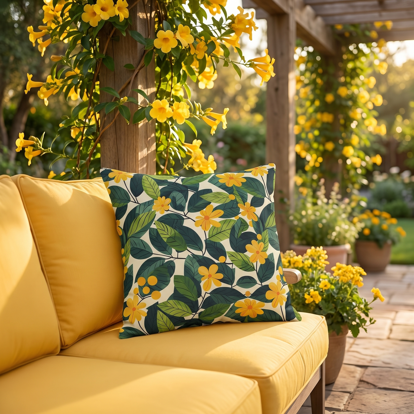 Sunshine Vines square outdoor pillow styled in a sunlit outdoor setting