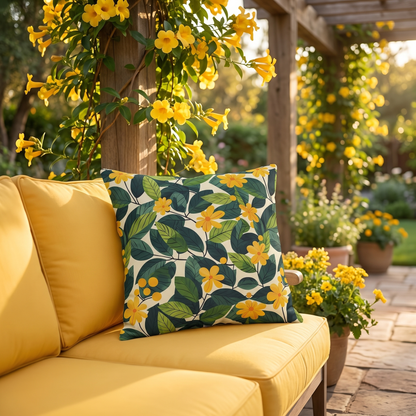 Sunshine Vines square outdoor pillow styled in a sunlit outdoor setting