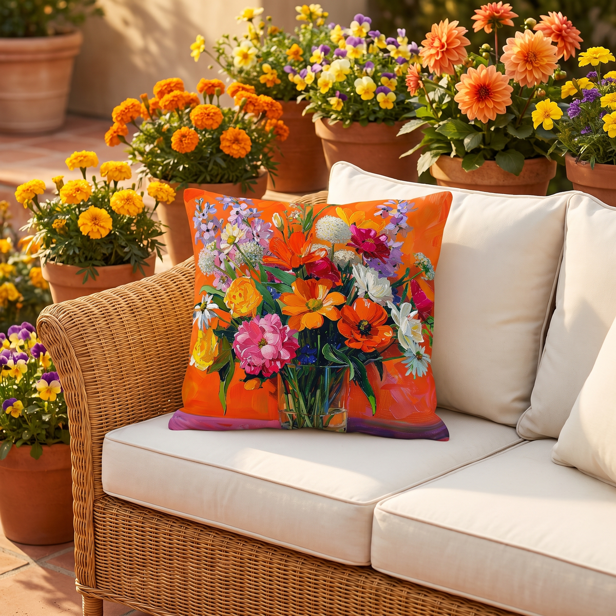 Blossoms on Orange square outdoor pillow styled in a sunlit outdoor setting